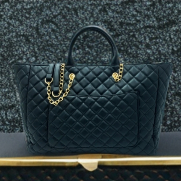Badgley Mischka Black Quilted Tote with Gold Accents - Picture 4 of 5